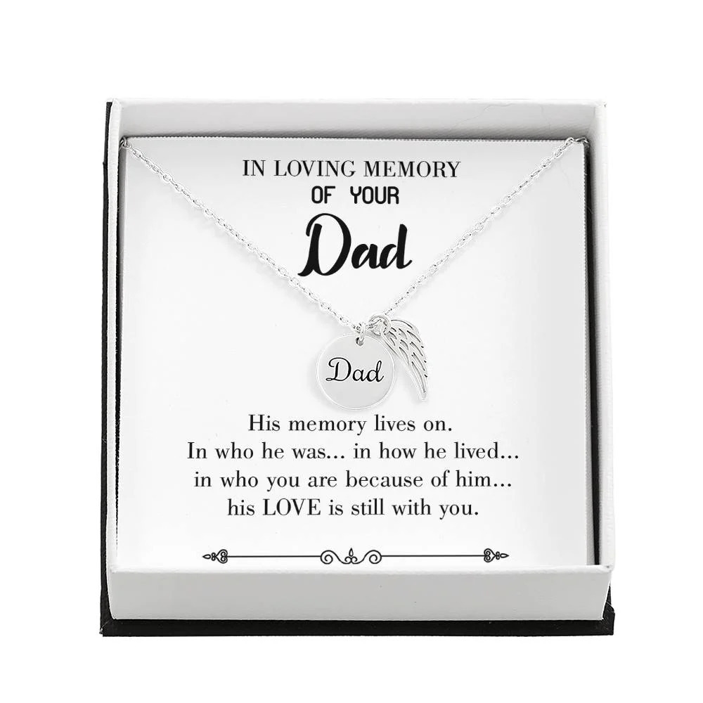 His Memory Lives Dad Angel Wing Necklace Stainless Steel Luxury Box